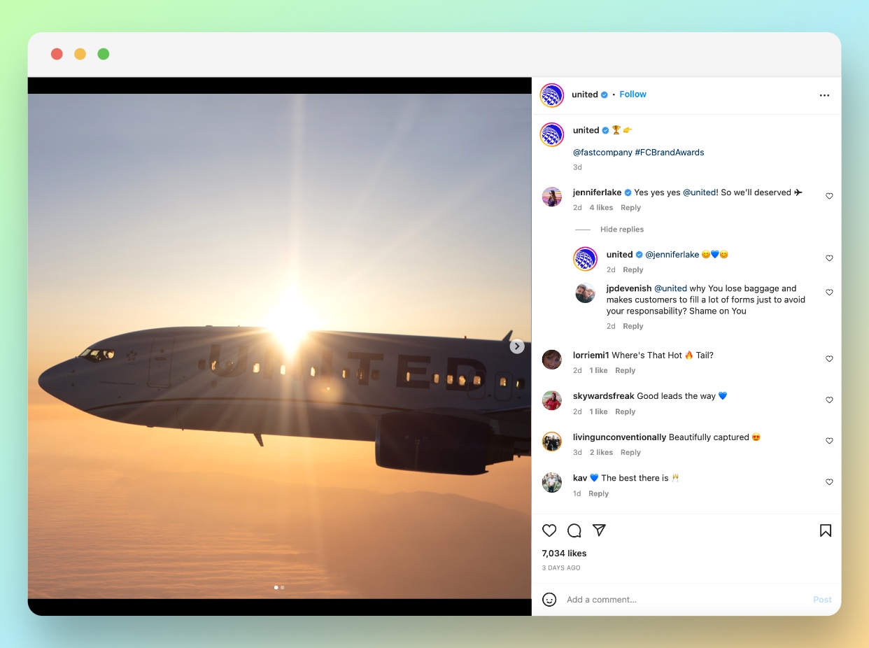 United Airlines' Instagram response rate