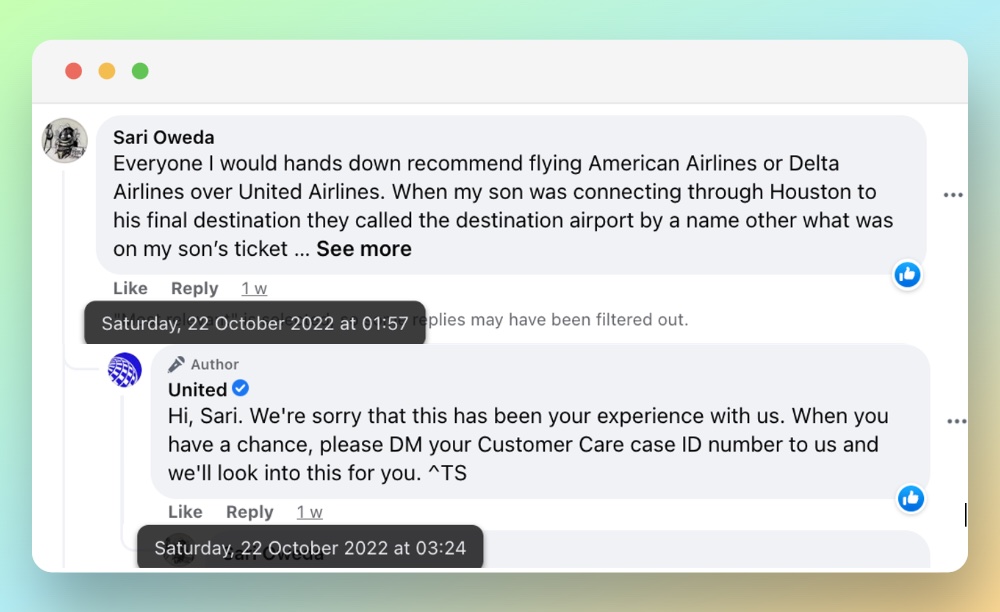 United Airlines’ reply to a customer on Facebook