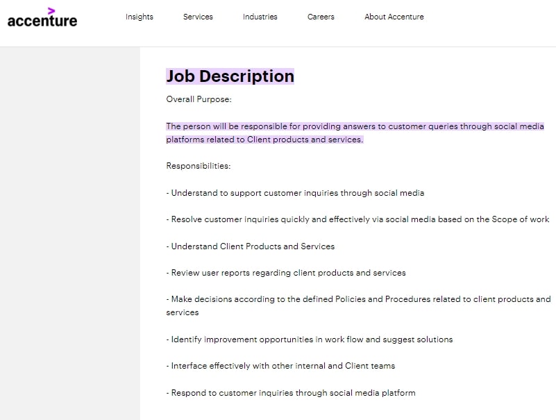 Social Media Customer Service Report Accenture Job Listing