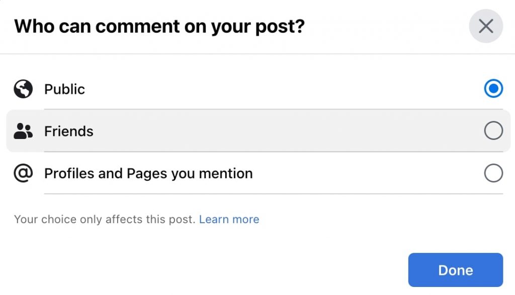 If you select the Profiles and Pages you mention, then only the mentioned profile and pages in the post can comment.