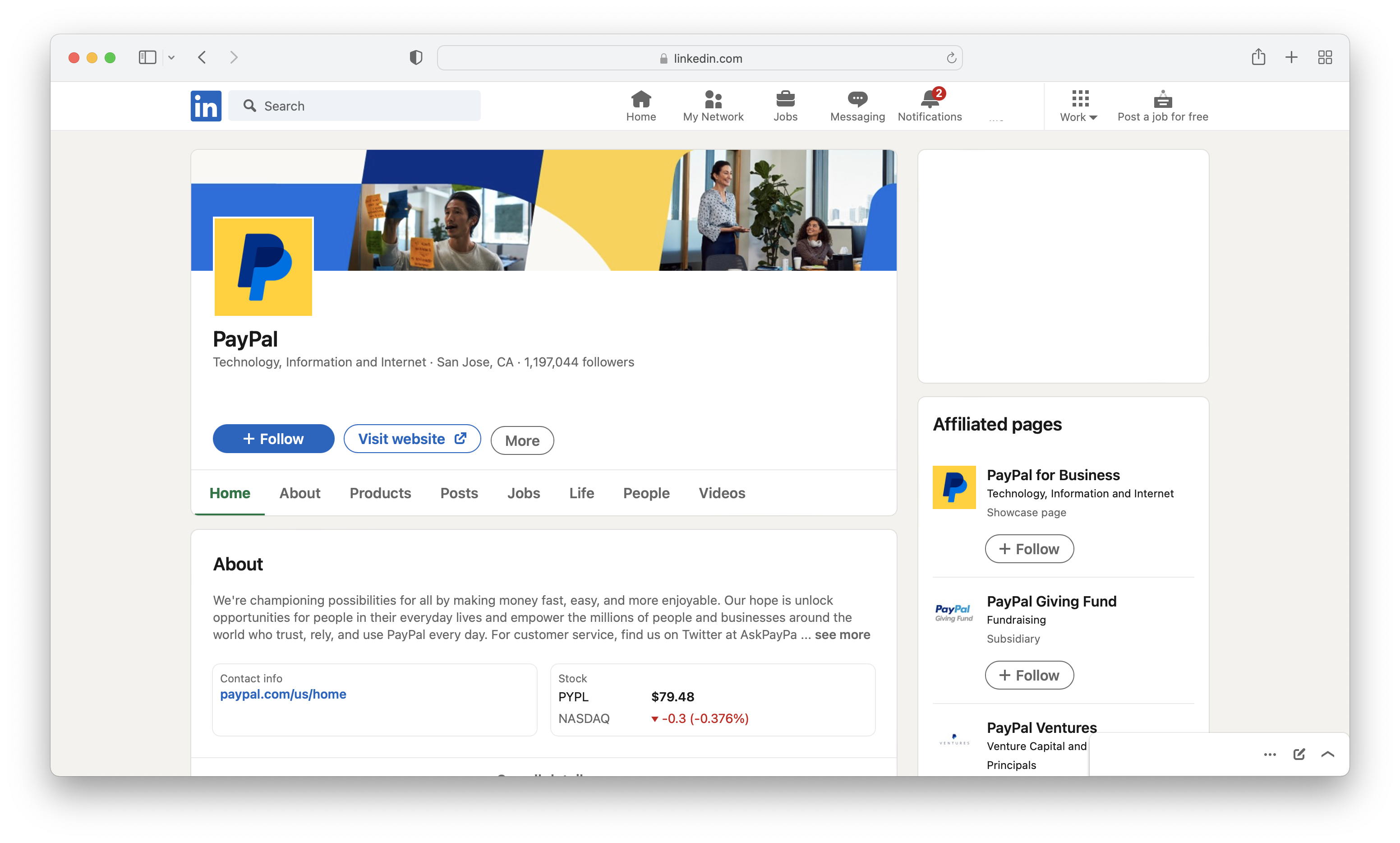 PayPal’s LinkedIn account