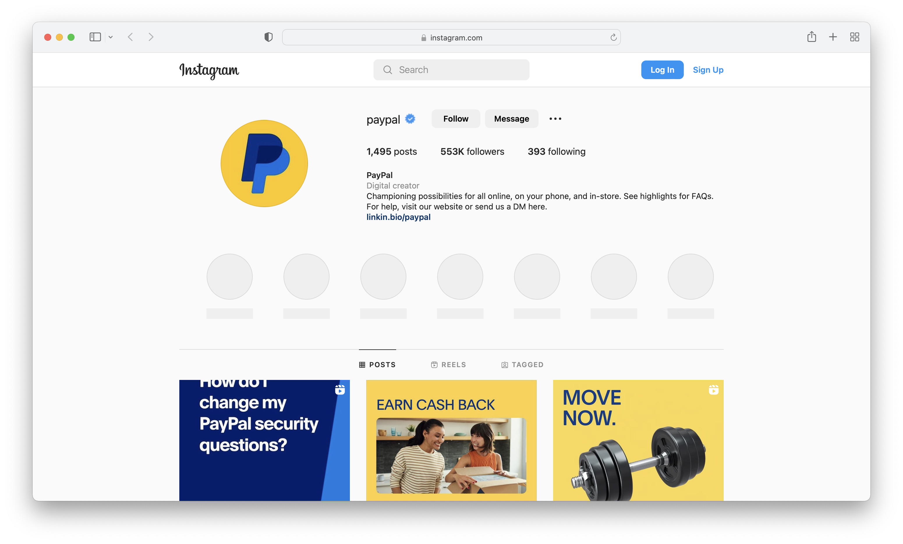 PayPal’s Instagram account