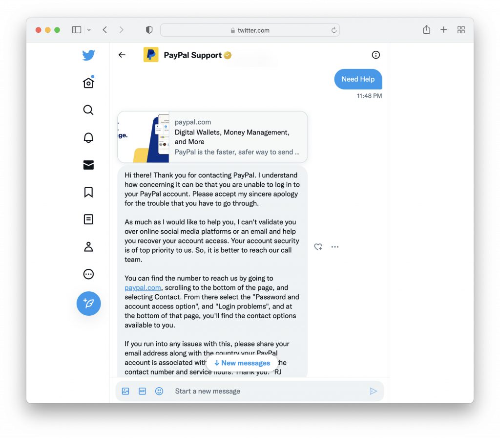 PayPal’s automated messages on Twitter Direct Messages