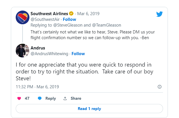 A social media customer service example from Southwest Airlines.