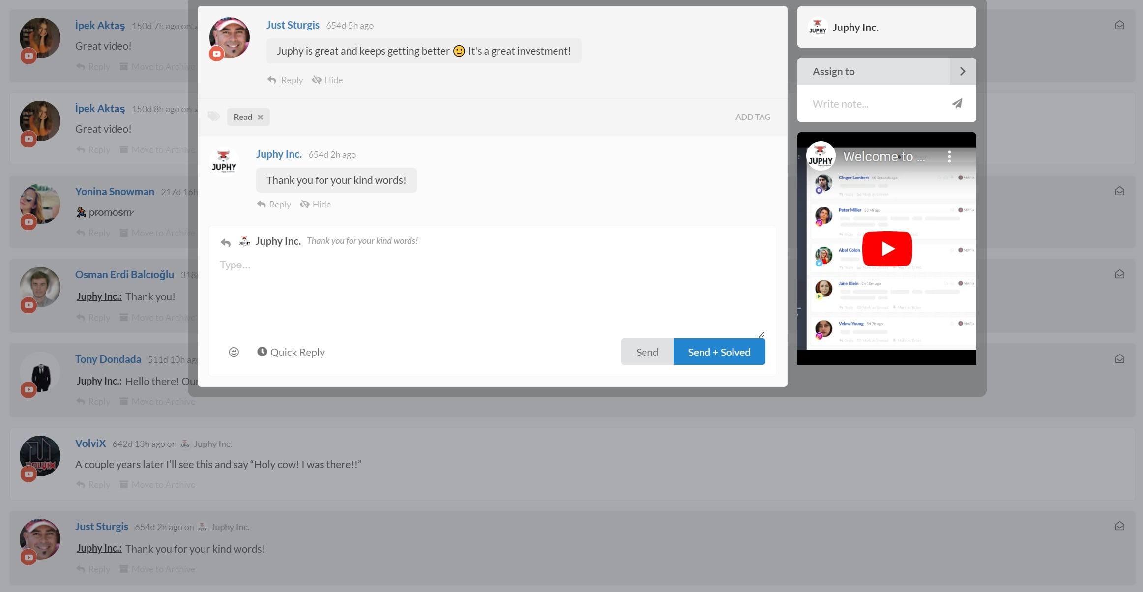 You can manage YouTube comments and interactions on your other social accounts on a single dashboard, thanks to Juphy.