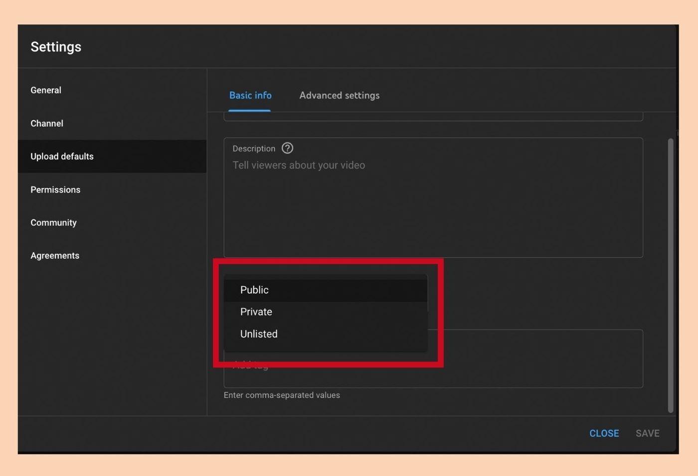 Screenshot of visibility options on YouTube Studio.