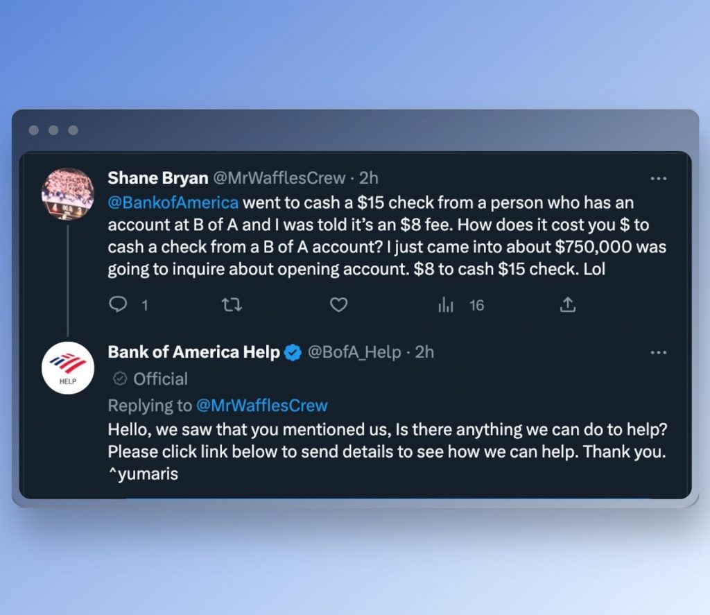Bank of America’s customer service example on Twitter