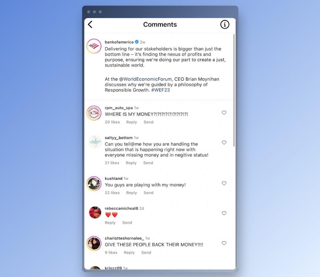 The comments section of a post from Bank of America's Instagram account.