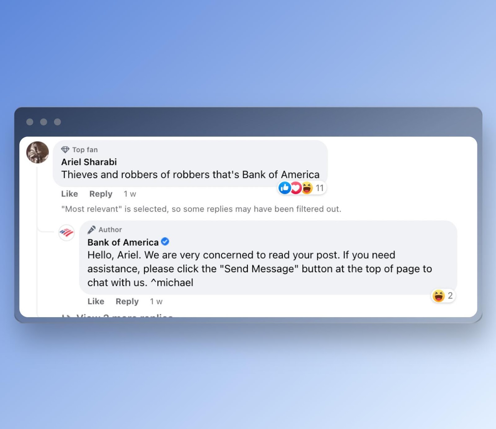 Bank of America’s reply to a comment on Facebook