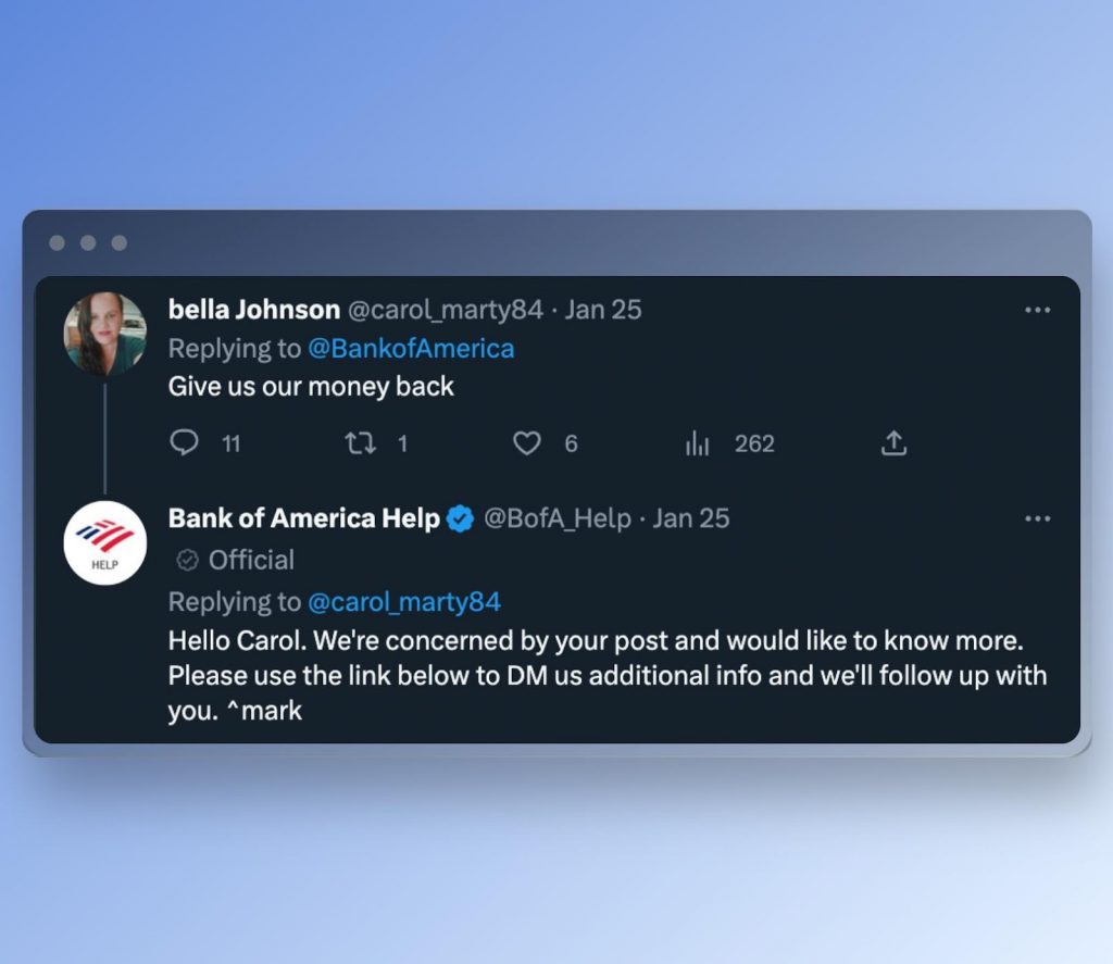 Bank of America’s social media customer service example on Twitter