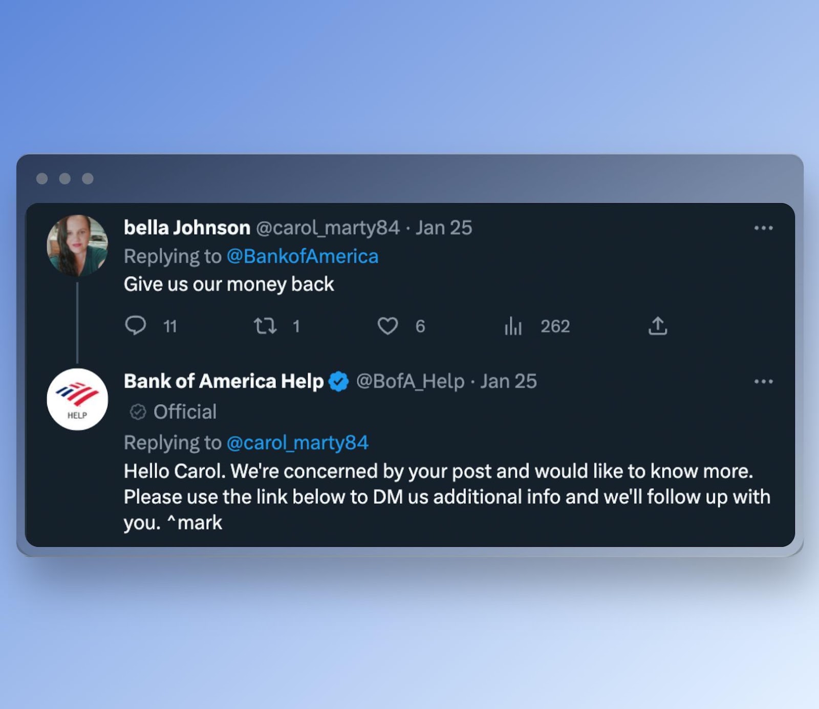 Bank of America’s social media customer service example on Twitter