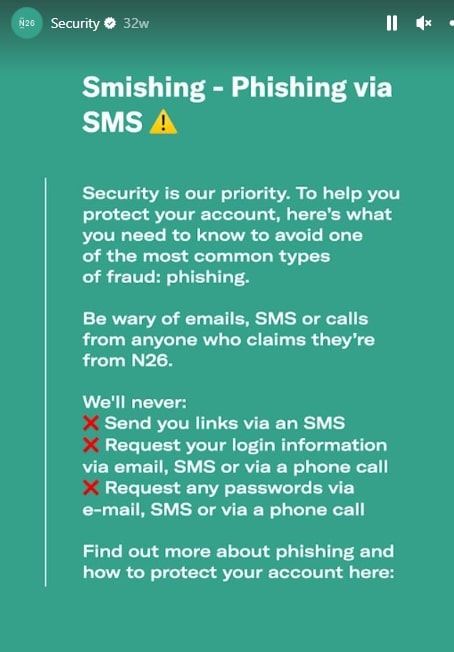 N26 helps customers avoid scammers posing as the bank through their Instagram highlights.