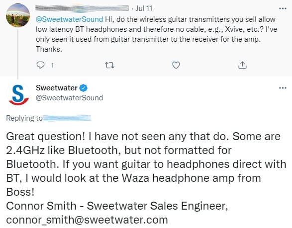 Sweetwater has a high level of social customer care. They make a point to personalize every customer response with actionable advice that is all human.