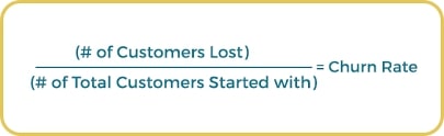 The churn rate formula is: (Lost Customers divided by Total Customers at the start of the time period) x 100. 