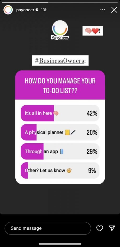 Payoneer’s Instagram stories with polls