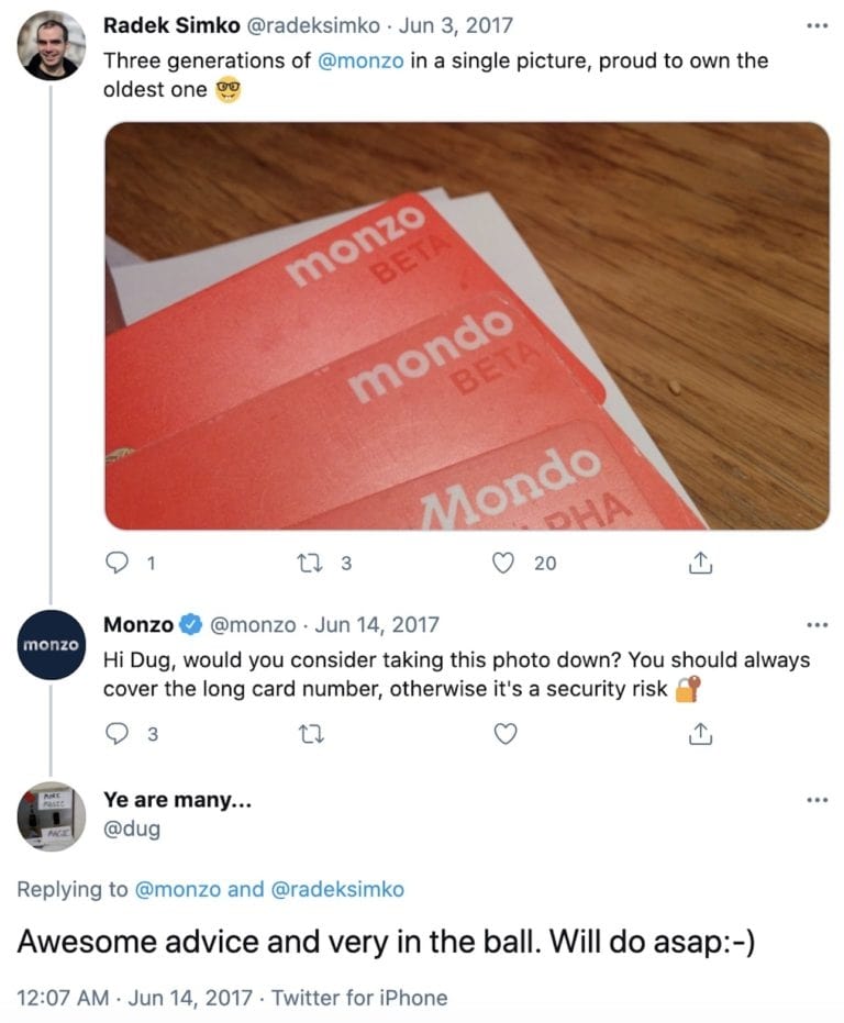 Monzo looks out for a customer’s security just like a friend would do another—a great way to build a relationship of trust through social media. 