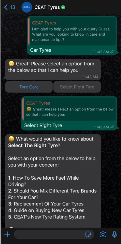 See how CEAT’s chatbot interacts with customers to boost sales by suggesting particular tire models to each user based on their car model and personal choices.