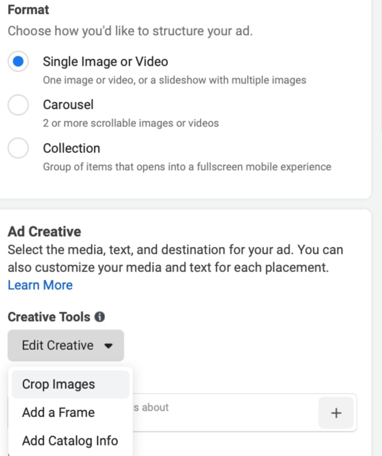 Under the "Ad Creative" section, you will find "Creative Tools," which will open a drop-down menu for you to add catalog info or frame to static images.