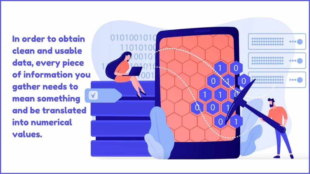 In order to obtain clean and usable data, every piece of information you gather needs to mean something and be translated into numerical values.