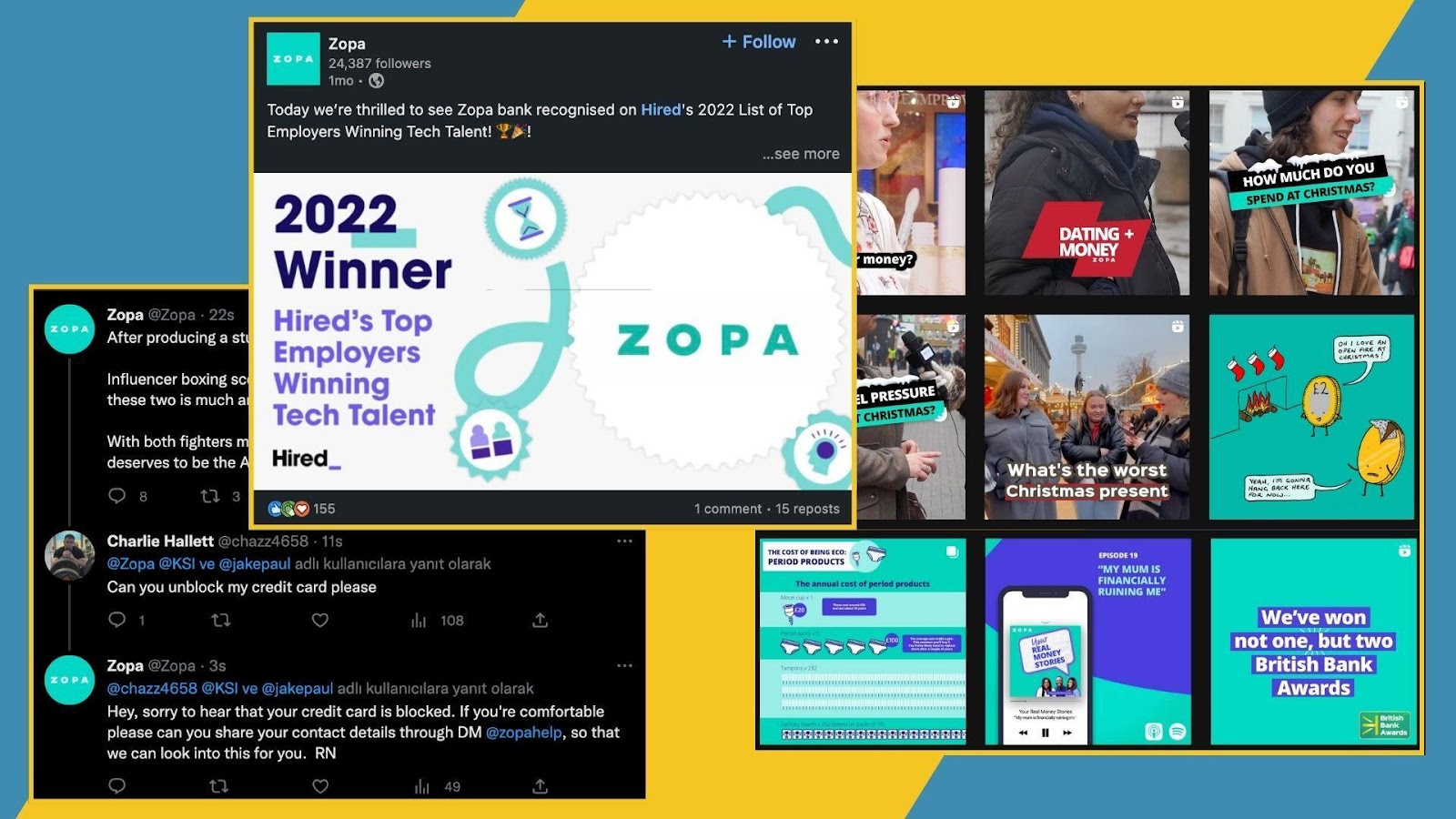Screenshots from Zopa Money’s Instagram, Twitter, and LinkedIn accounts.
