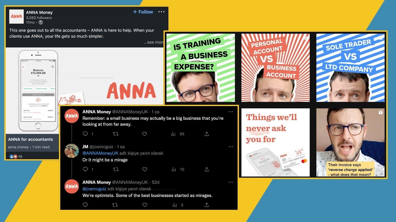 Screenshots from Anna.Money’s Instagram, Twitter, and LinkedIn accounts. 