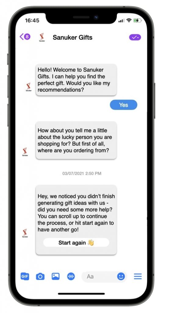 See how Sanuker’s chatbot uses questions to gather the information.