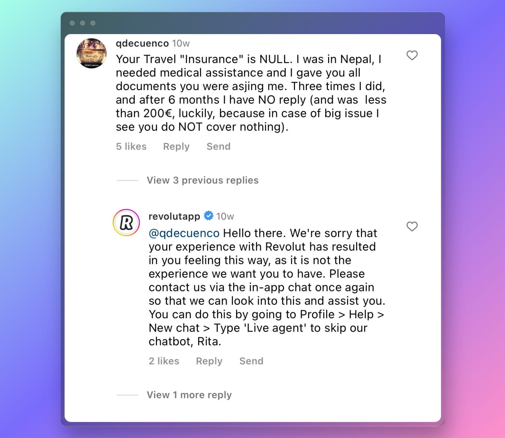 Revolut’s reply on Instagram
