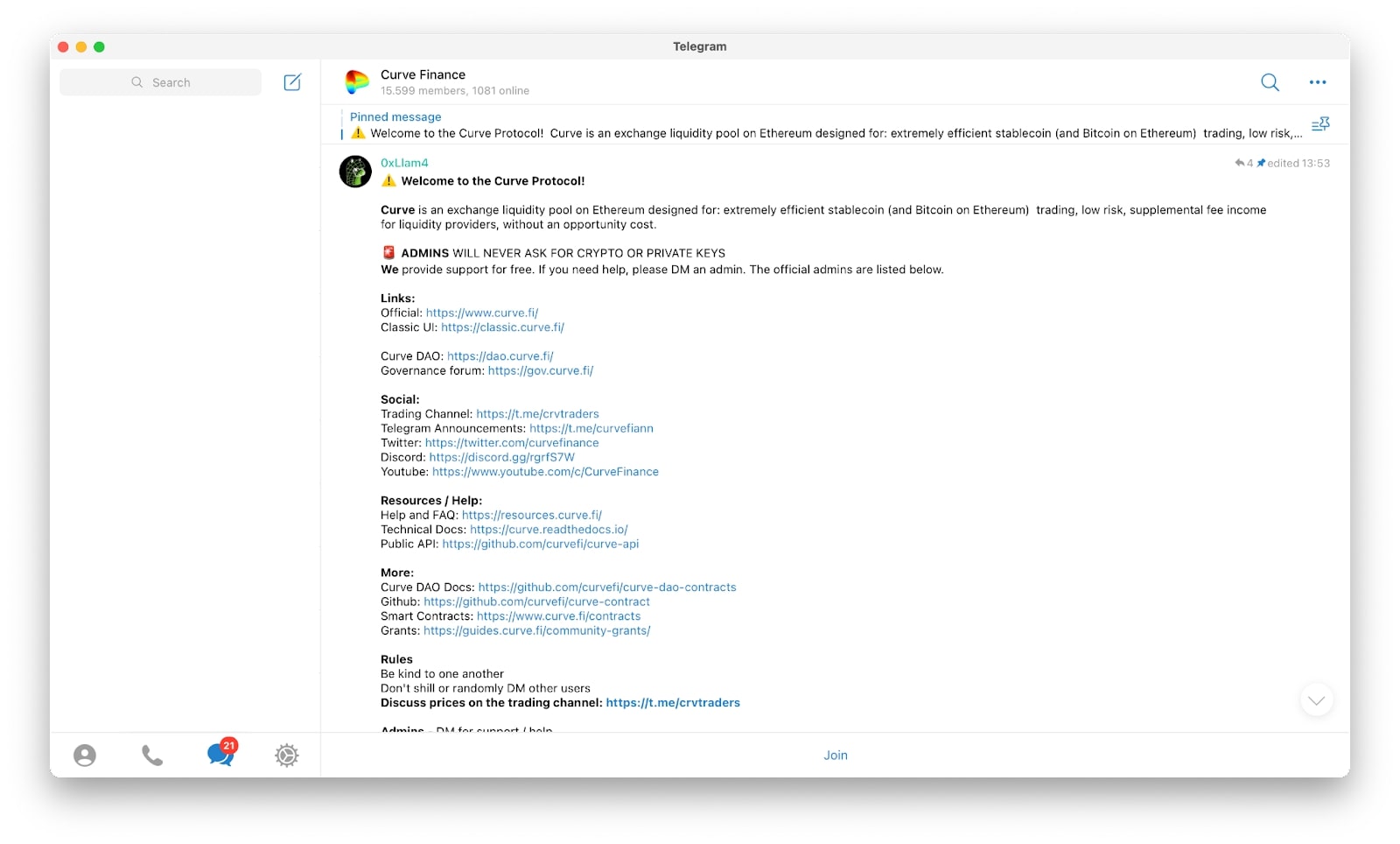 Curve Finance’s Telegram Channel