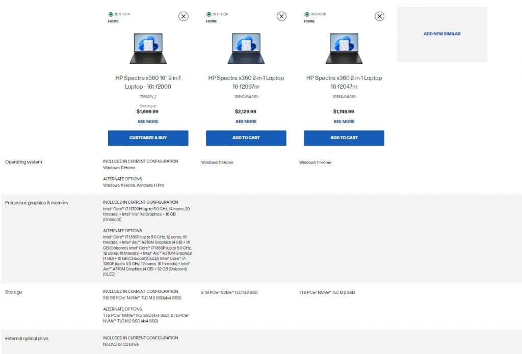 HP allows shoppers to compare similar HP laptops to find the most suitable
