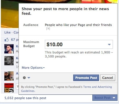 A Promoted Post allows businesses to pay a flat rate to have their individual Facebook posts boosted to reach a specified number of Facebook users.