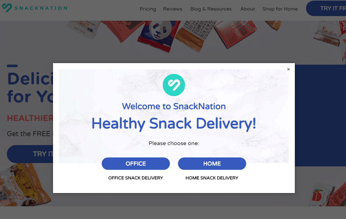 SnackNation is an excellent example of using personalized questions with yes/no forms to identify the leads and send them to a page/form based on their needs.