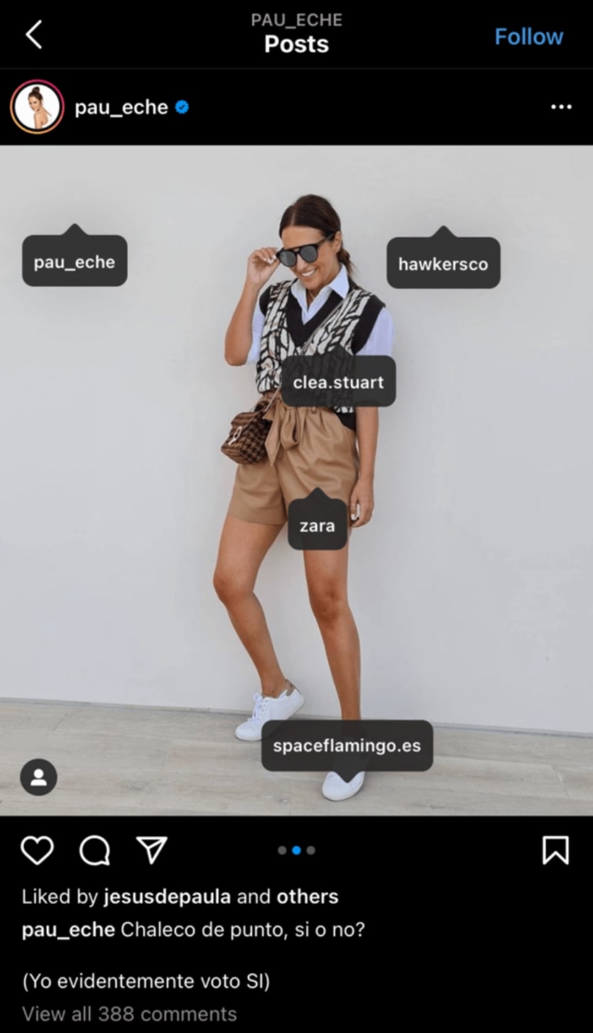 An example of Zara advertising products by collaborating with the Spanish influencer @pau_eche with 3.5 million followers. She regularly tags the brand in her posts. 