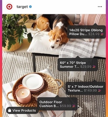Target's IG shopping page features food, home goods, housewares, baby products, and apparel. Categories include clothing, makeup, skincare, nail care, accessories, and footwear.