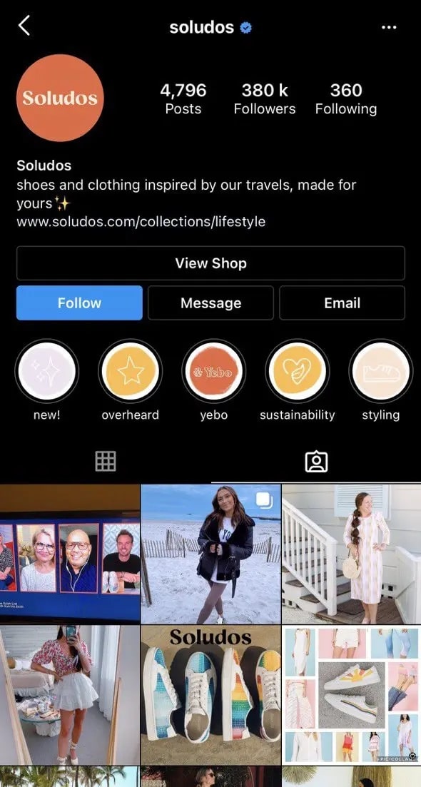 Soludos, a shoe and clothing brand. Their IG page shows how systematically they have adapted the Instagram shopping feature.