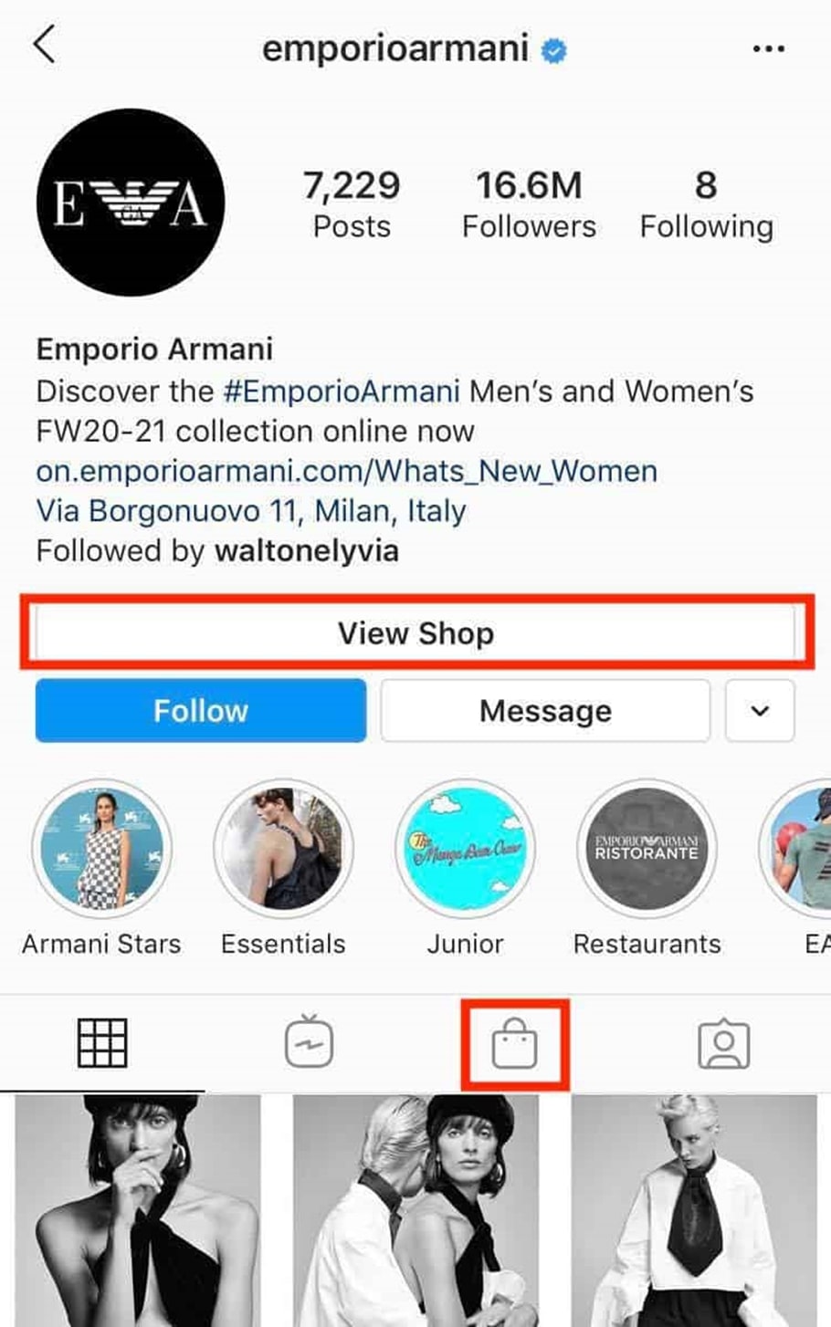 Instagram Shopping Example: Emporio Armani