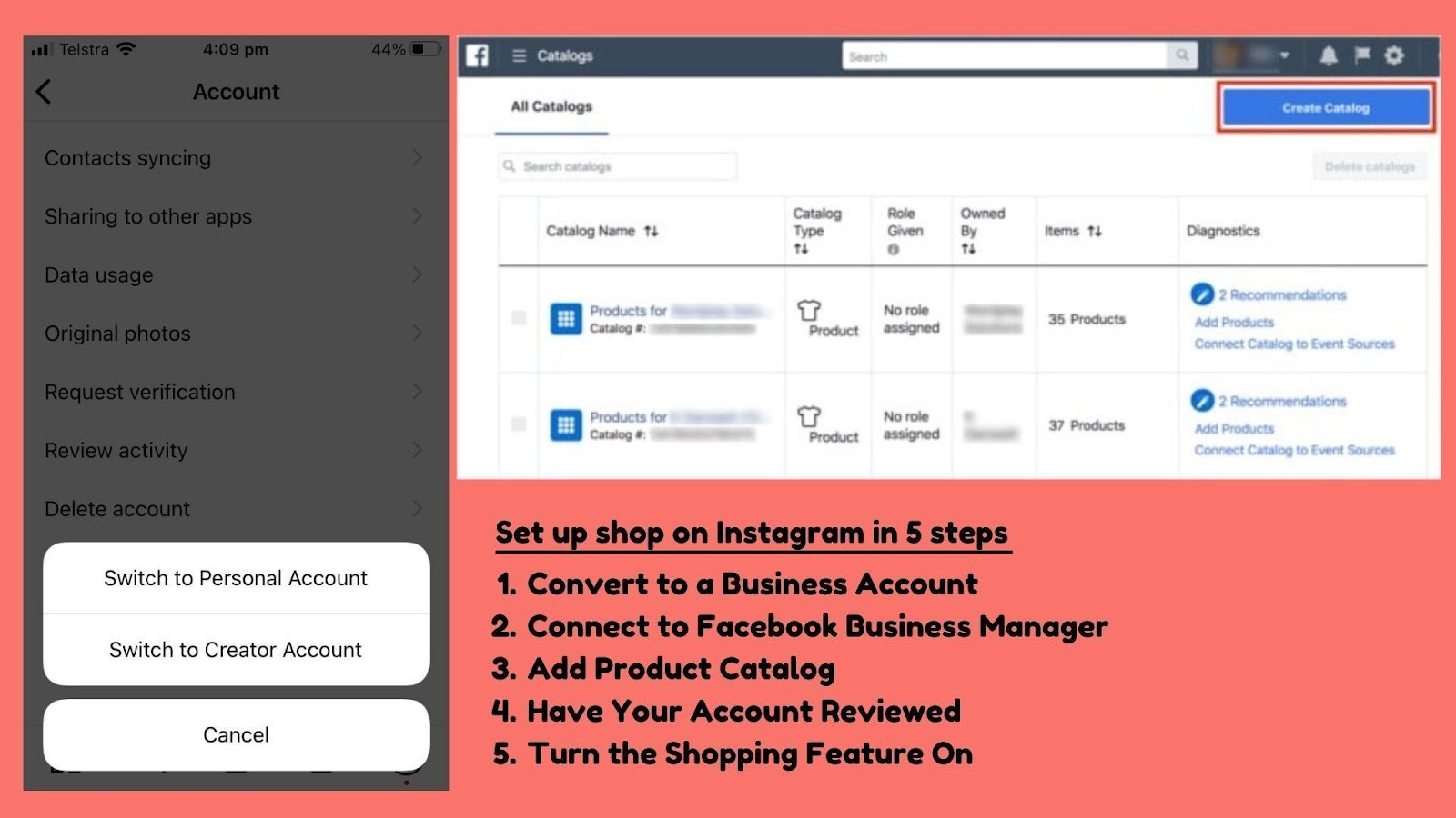 Screenshots showing two stages of opening a store on Instagram.