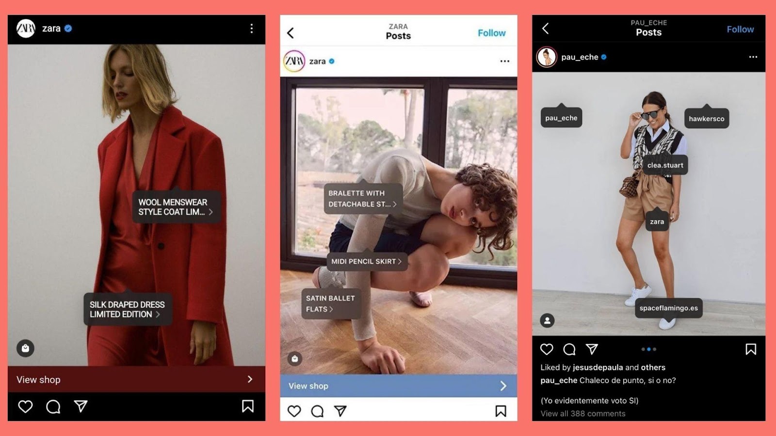 Screenshots from Zara’s shoppable Instagram content.