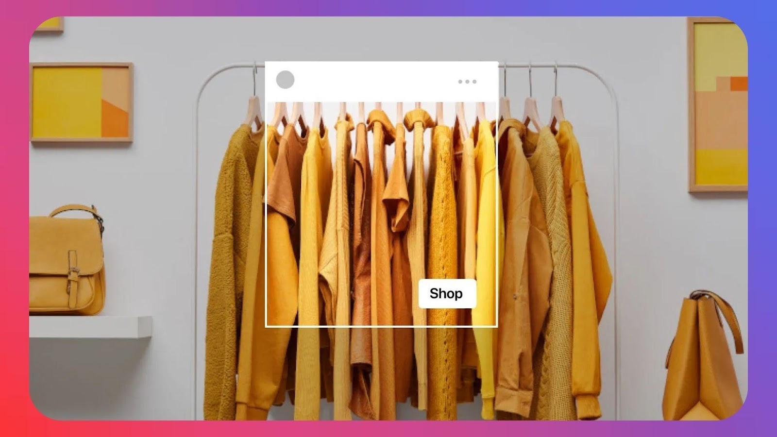 Image showing a clothing store behind an Instagram shopping post frame.