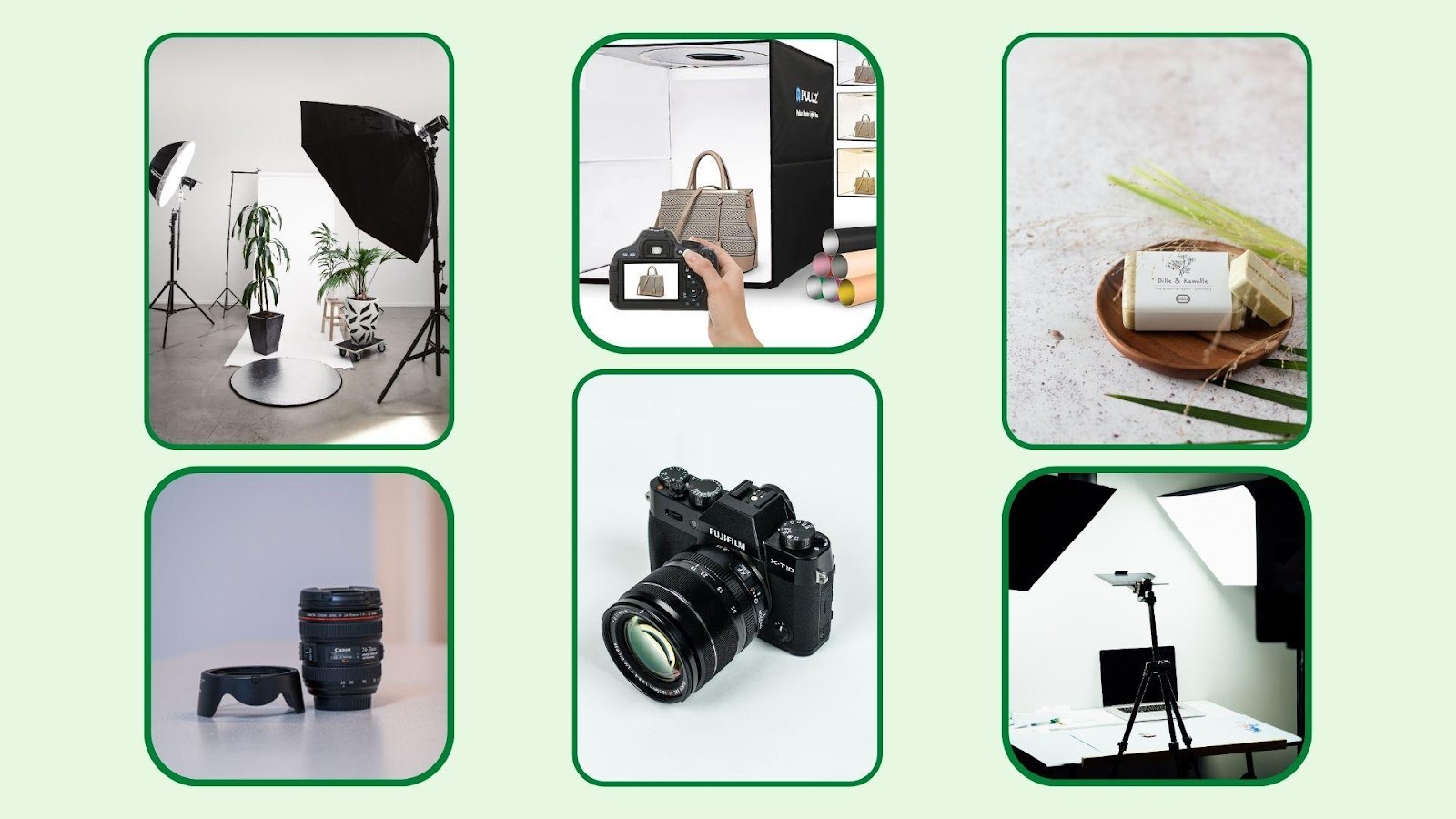 Photos of several pieces of equipment for photography, such as a lightbox and camera.