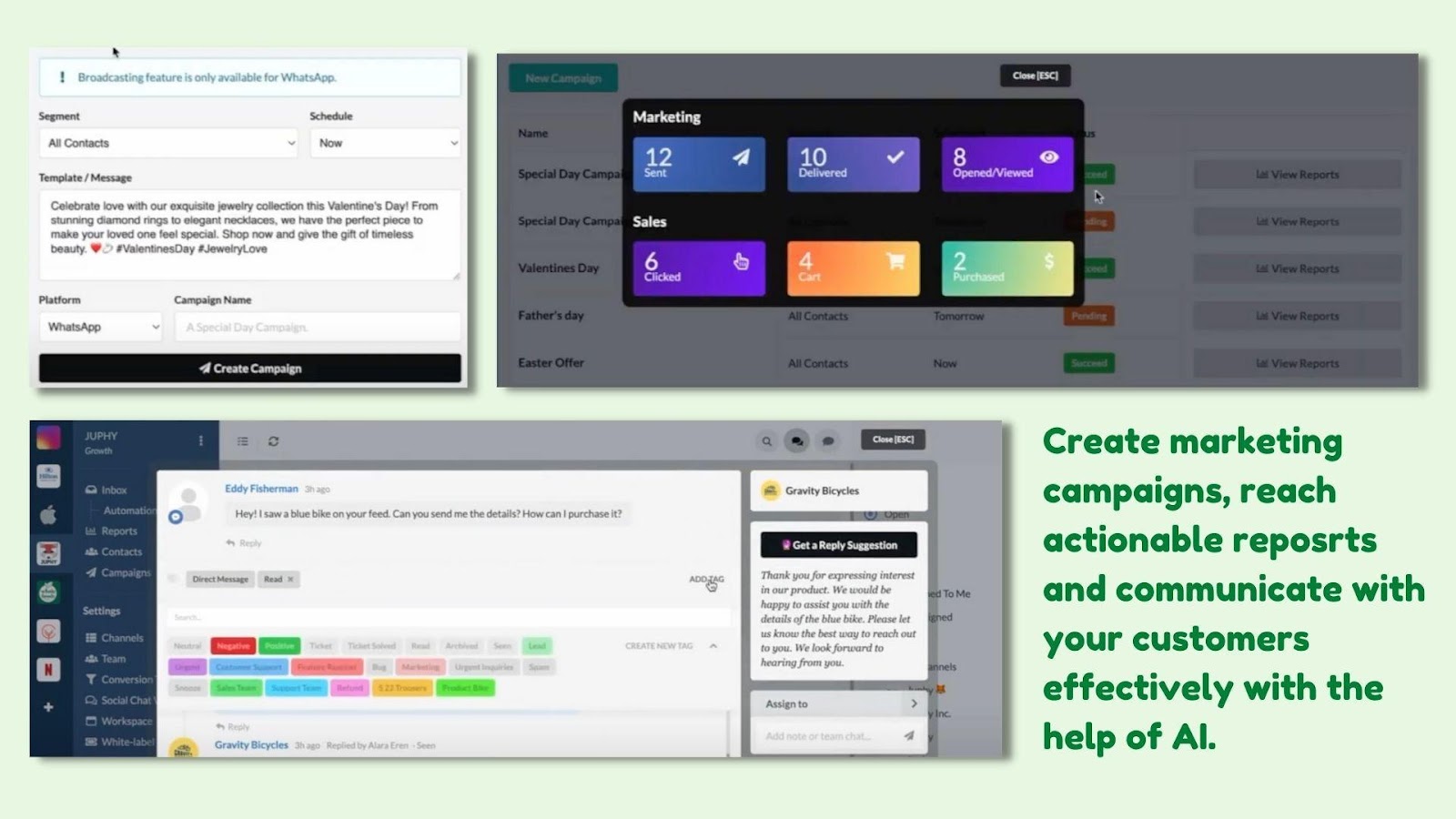 creenshots from Juphy’s WhatsApp broadcasting campaign and AI integration, accompanied by the sentence “Create marketing campaigns, reach actionable reports and communicate with your customers effectively with the help of AI.”