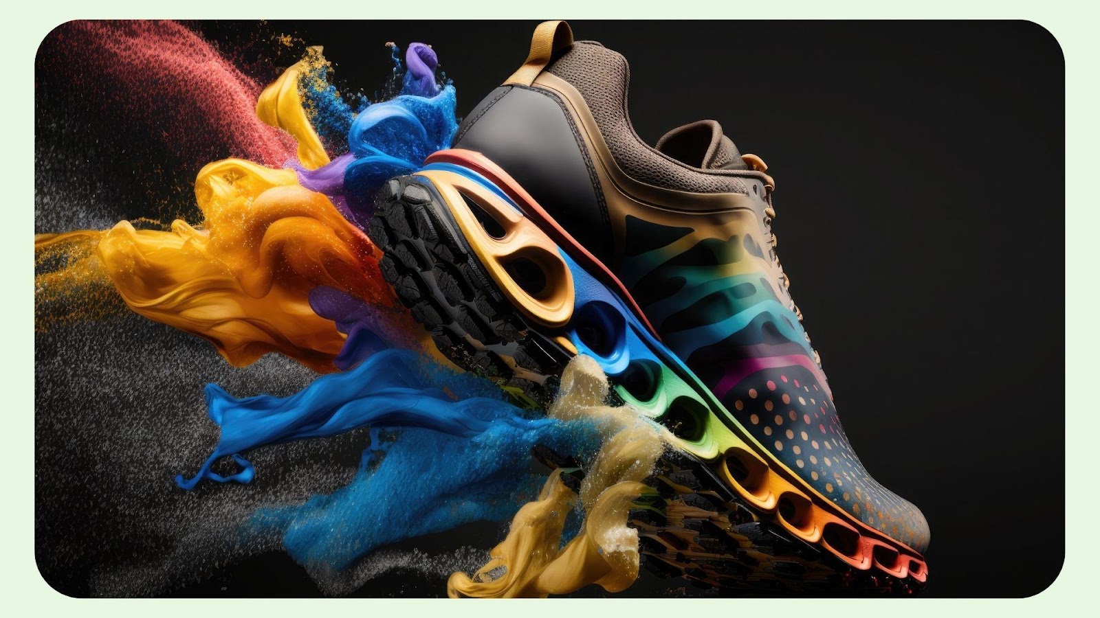 Photograph of a colorful sneaker adorned with hazes of different colors. 