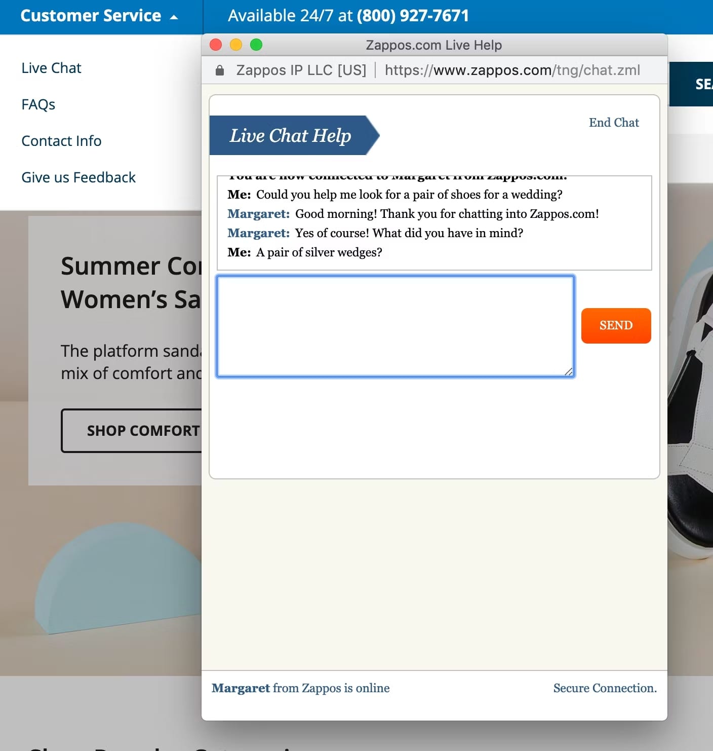 Chat widget example from Zappos