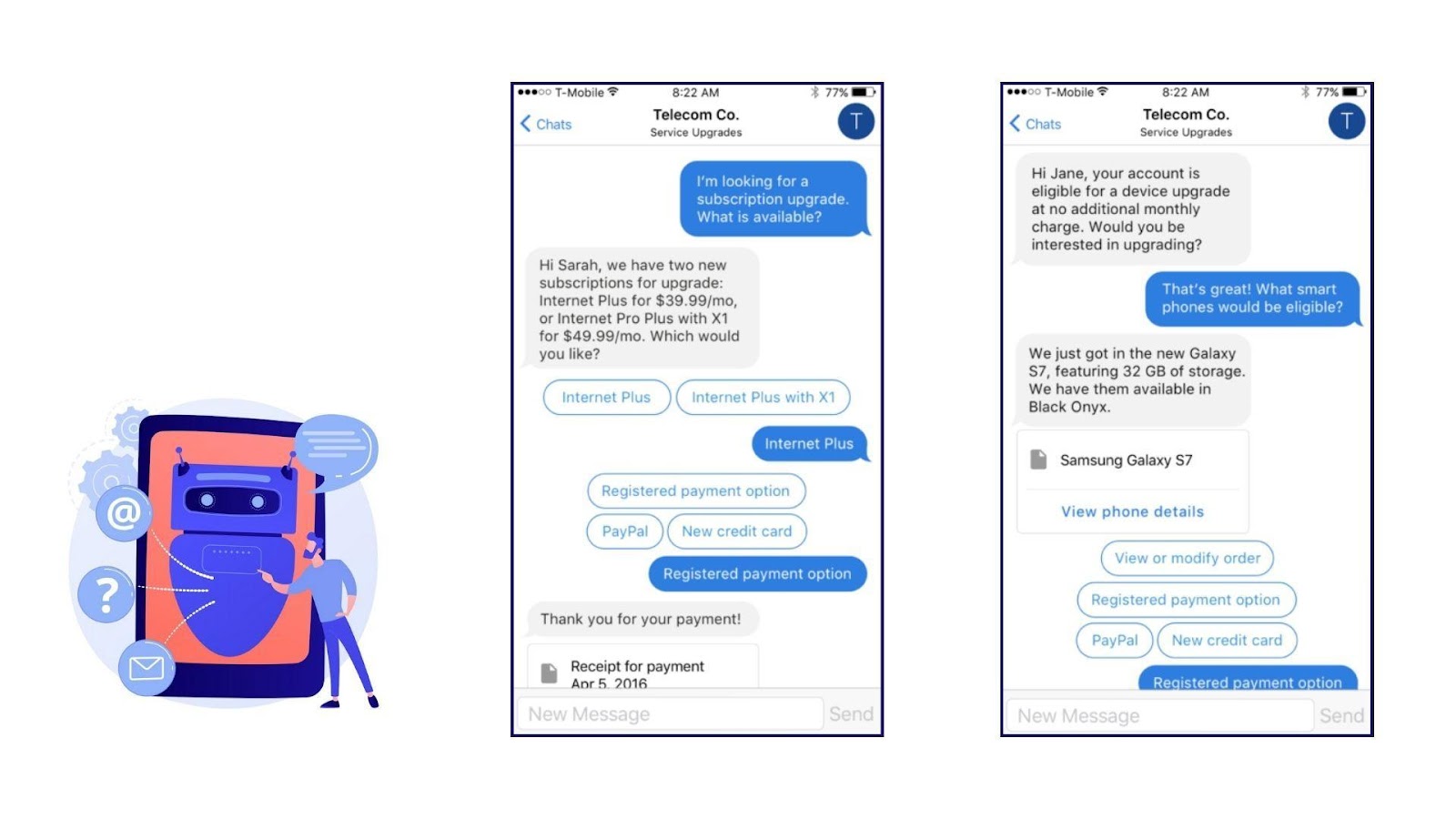 Screenshots of a telecom company’s chatbot that follows up on an order and informs the customer about a special upgrading offer.
