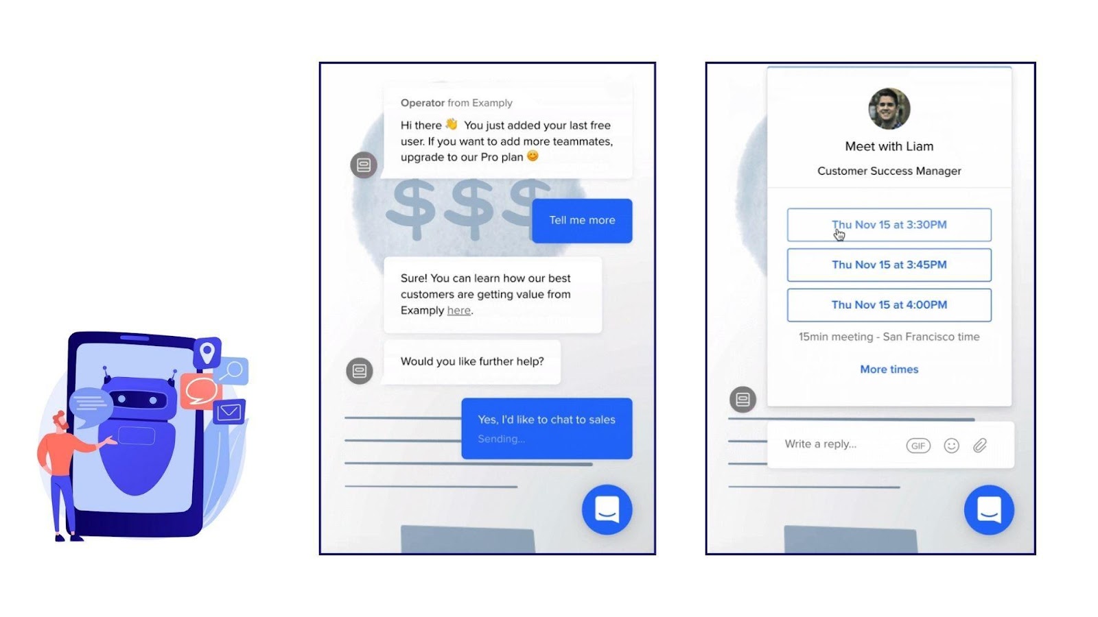 Screenshots of a personalized interaction with a chatbot that takes place right after the customer reaches a limit with software, presenting an upsell opportunity.