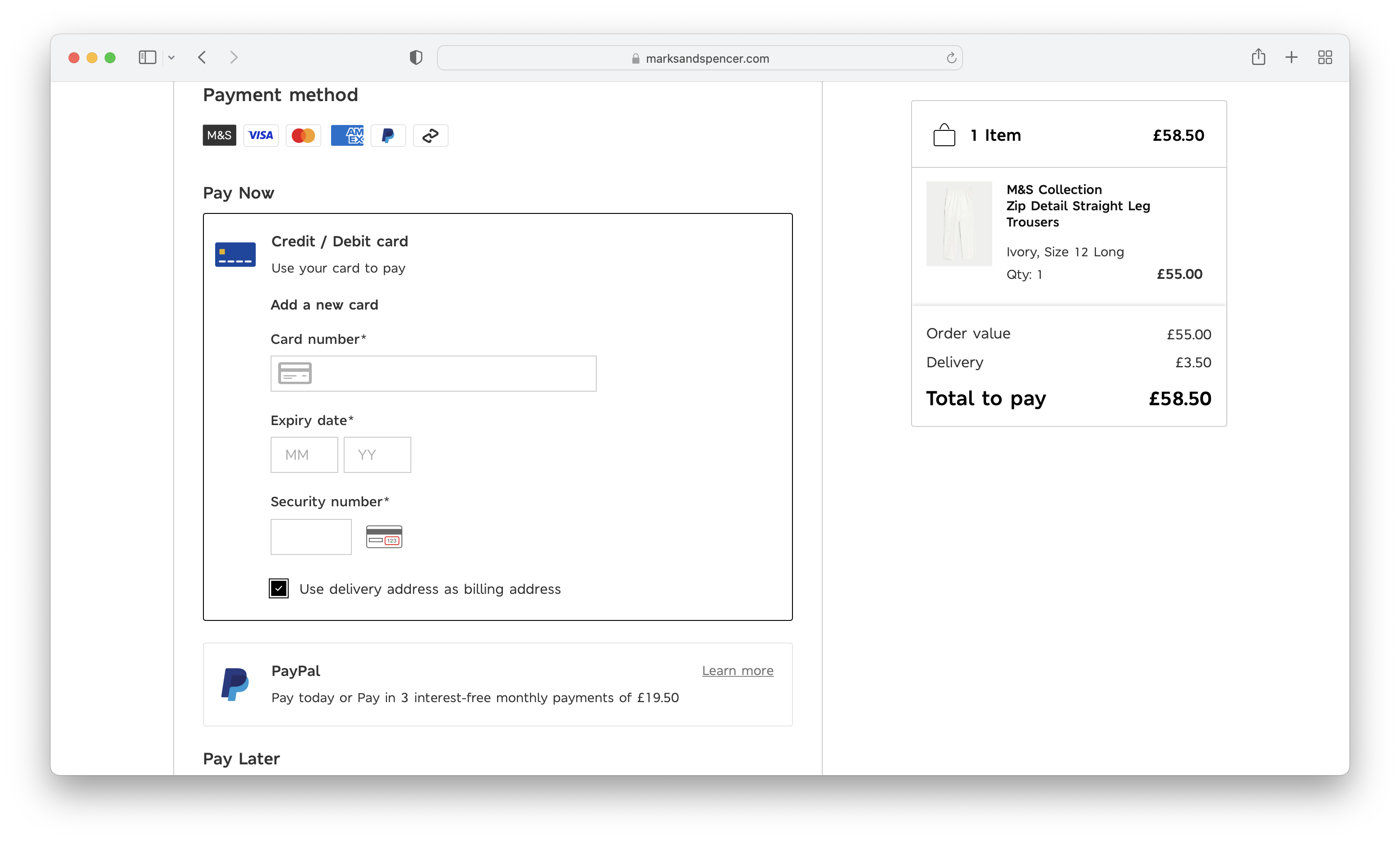 Marks & Spencer’s payment methods example