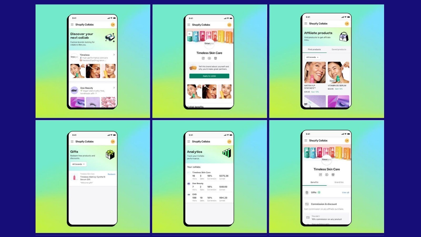 Screenshots of Shopify Collabs creator interface.