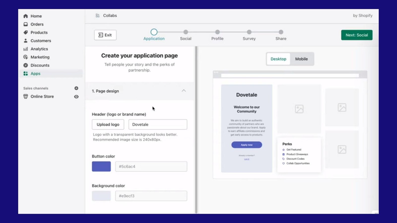 Screenshot from Shopify Collabs interface, showing the setup process.