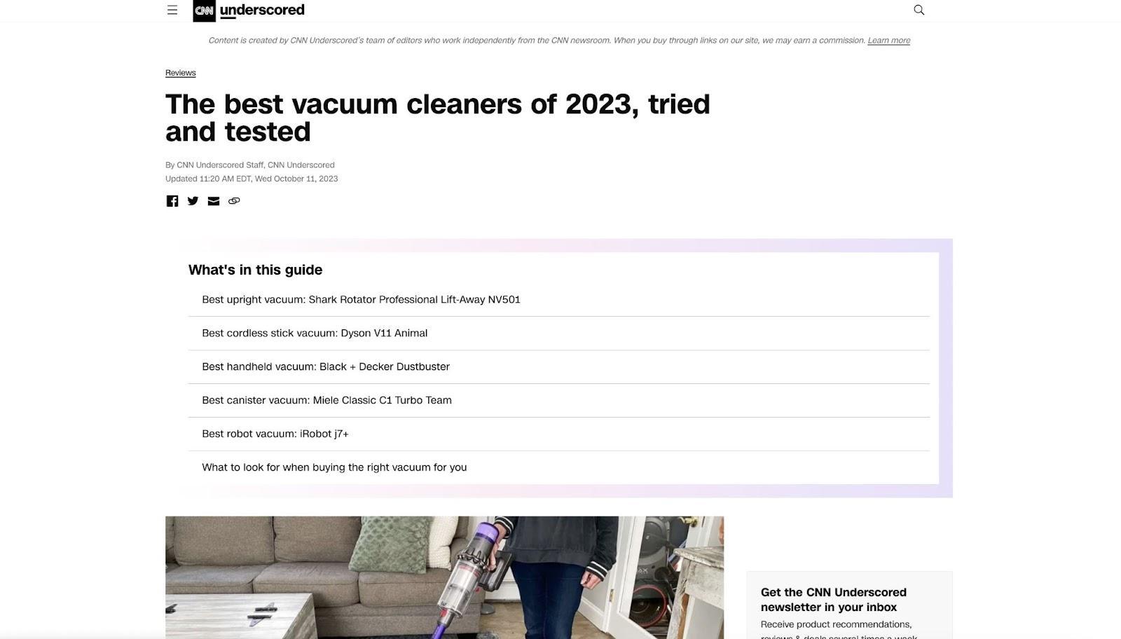 A screenshot of the CNN article on the best vacuum cleaners of 2023 