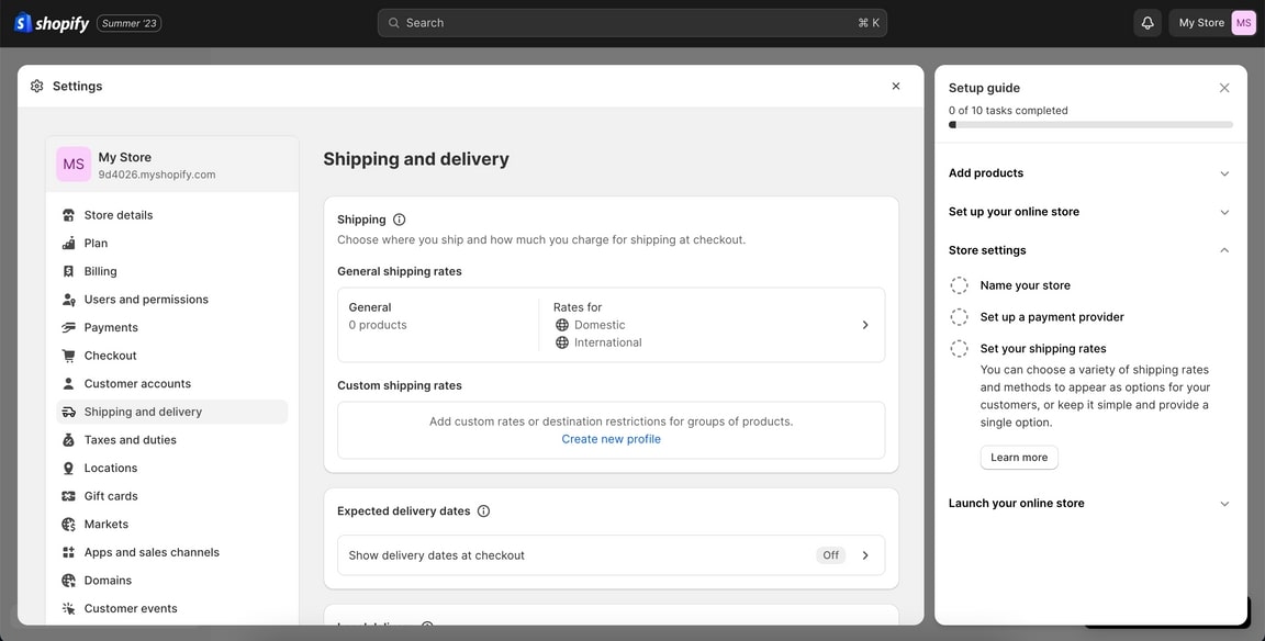 Complete your store setup by configuring shipping rates and tax settings.