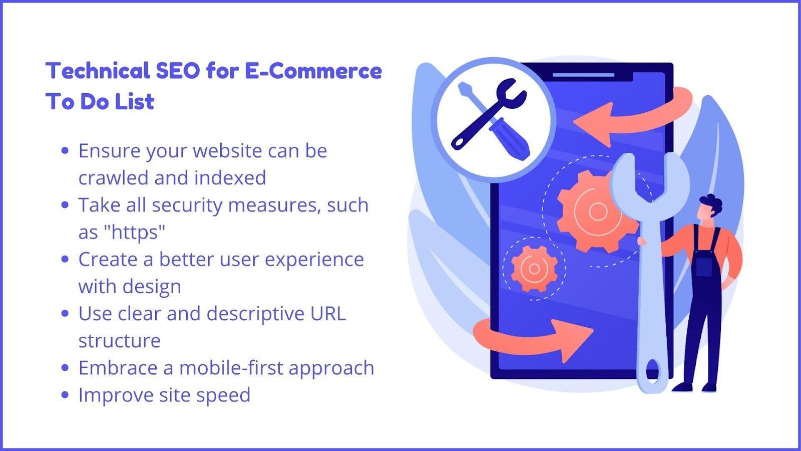 Illustration that shows a mobile phone with cogs and maintenance icons around, referring to technical SEO for e-commerce websites. It is accompanied by a Technical SEO for E-Commerce